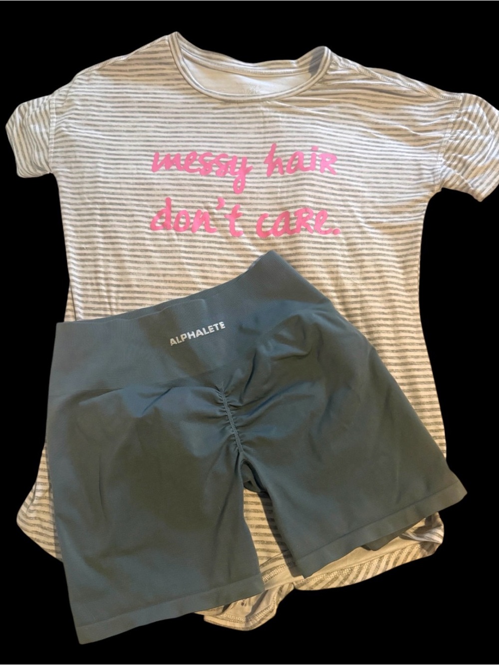 Women’s Gray and white Stripe Pajama Top with Pink Slogan and gray shorts bundle